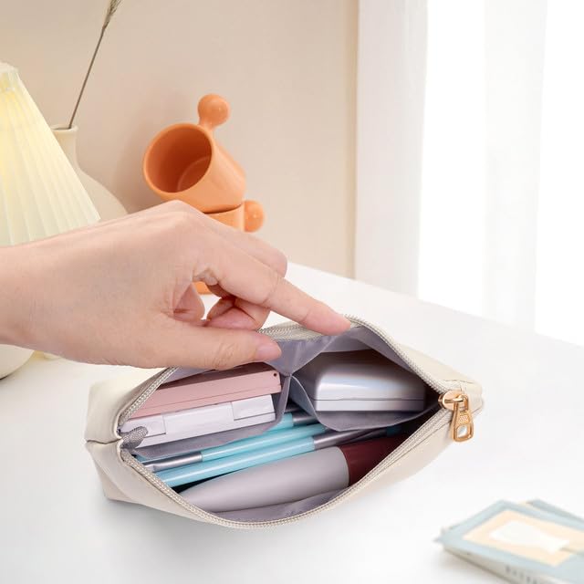 MAANGE Personalized PU Leather Makeup Bag with Initial Keychain Beige