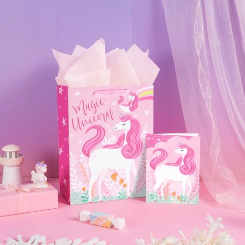 Loveinside Unicorn Gift Bag for Girls - Pink Magical Design, 10" x 5" x 13"