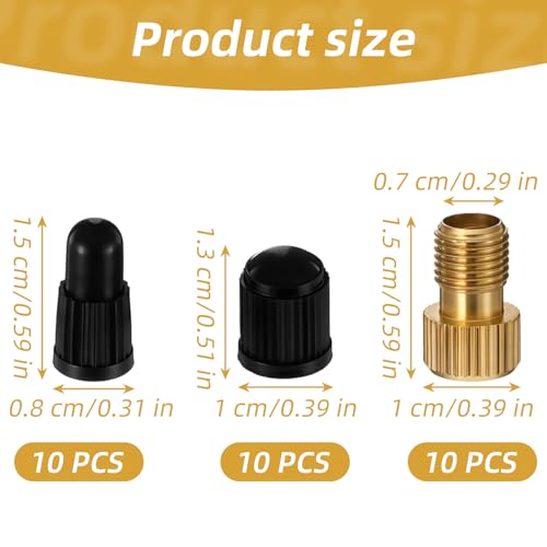 30pcs Bike Valve Adapter, Bike Pump Adapter, Brass Presta to Schrader Valve Adapter with 10 Presta Valve Caps & 10 Schrader Valve Cap - Bike Pump Adapter Set