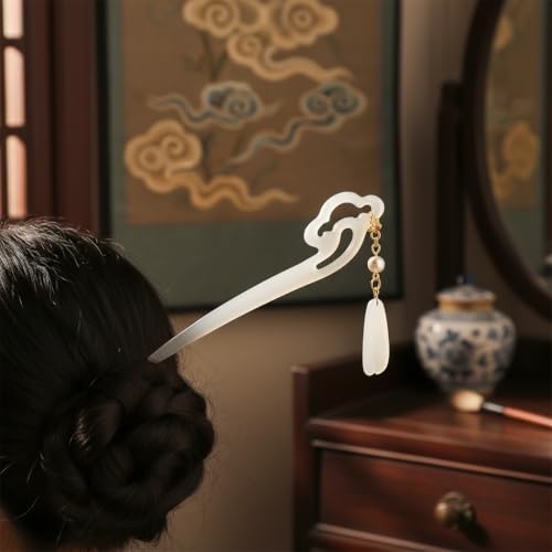 Chinese Acetate Jade Hair Stick with Tassel Flower Pendant for Updos