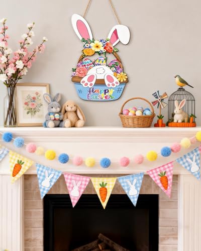Wooden Easter Wreath - Happy Bunny Basket Door Decoration