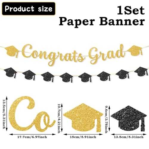 2026 Graduation Banner Set - Black & Gold Glitter Decor