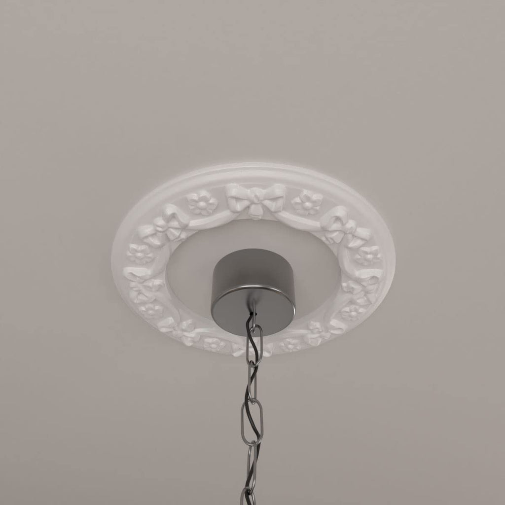 Ekena Millwork CM12RI Ribbon with Bow Ceiling Medallion, 12 1/4"OD x 7 1/2"ID x 7/8"P, Primed
