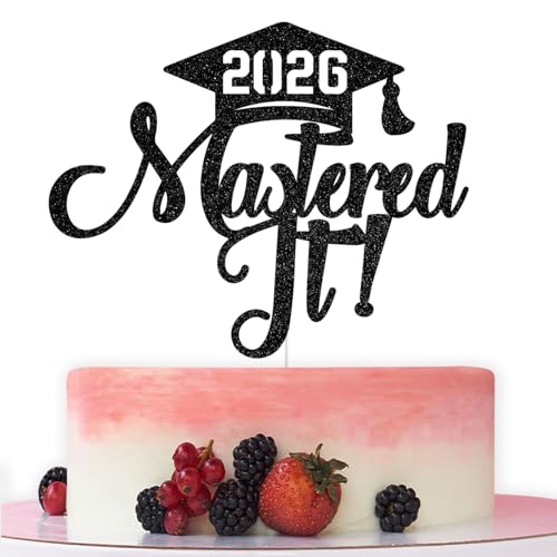 2026 Graduation Cake Topper - Happy Masters Degree in Black Glitter
