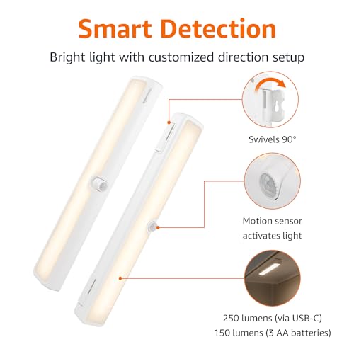 LED Motion Sensor Light Bar - 12 Inch Swivel, 250 Lumens, 2-Pack