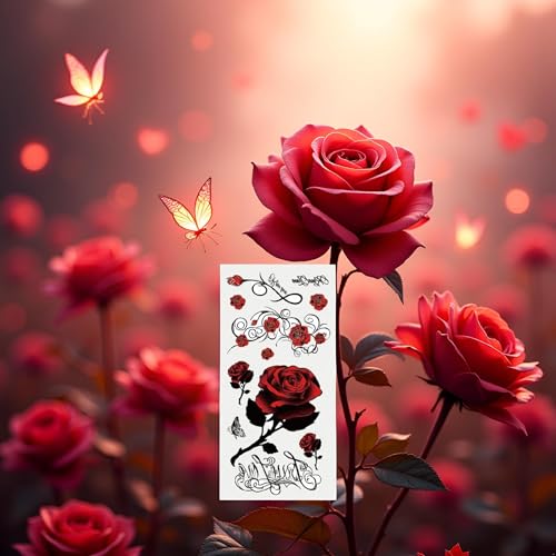 Red Temporary Tattoo Stickers Set - 20 Pcs Rose Butterfly Dragon Floral