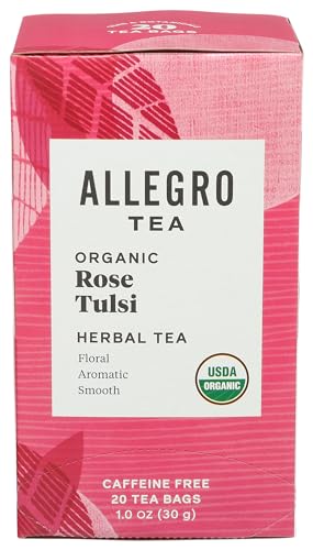 Allegro Organic Rose Tulsi Herbal Tea Bags, Naturally Caffeine-Free, 20 ct