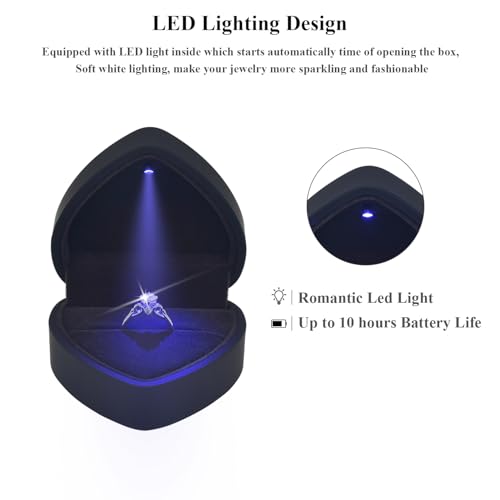 Black Heart-Shaped LED Lighted Engagement Ring Box for Proposals