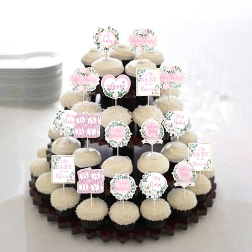 40 Pack Hey Little Girl Baby Shower Cupcake Toppers, Pink Theme Picks