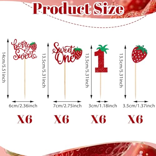 24 Strawberry Cupcake Toppers for 1st Birthday Party Decor