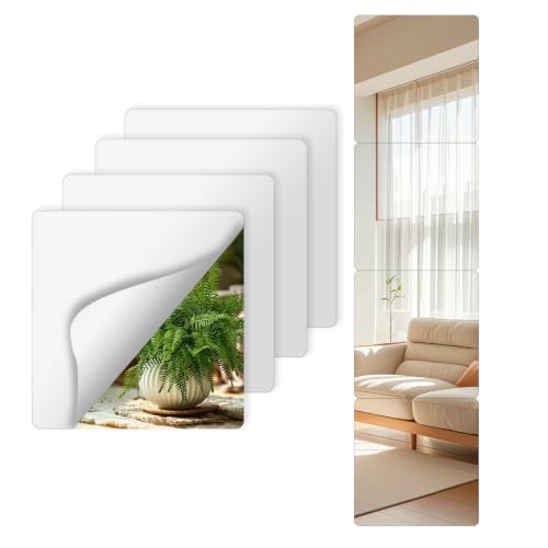 4-Pack Acrylic Mirror Tiles, 8 x 8 Inch Stick-On Shatter-Resistant Mirrors