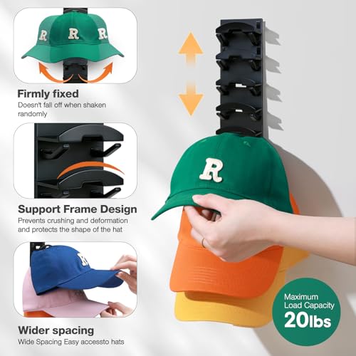 Black Hat Organizer - 2 Pack Wall Rack for Baseball Caps, Holds 16 Hats