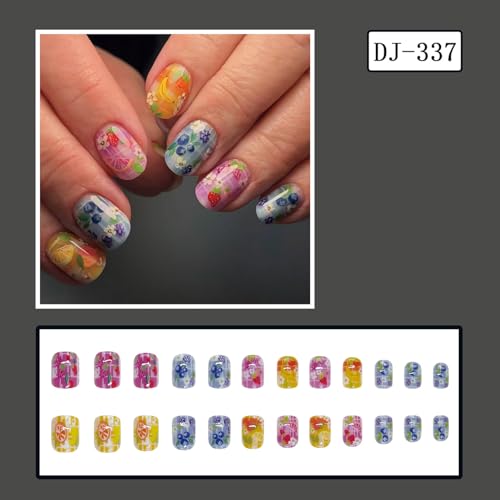 Fruit Press On Nails Short Square Cute Summer False Nails Floral Design