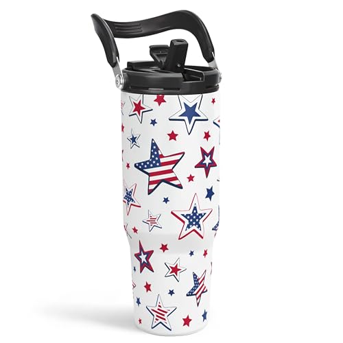 Star American Flag Tumbler with Handle 30oz - Stainless Steel Insulated Travel Mug - USA Gifts for Women & Girls