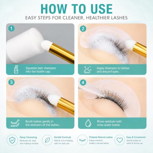 Obeyalash Eyelash Extension Shampoo Kit - 60ml Oil-Free Foam Cleanser with Rinse Bottle and Brush