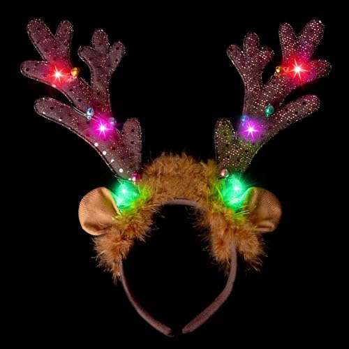 Christmas Light Up Reindeer Headband Set - Cute Holiday Party Favor for Adults & Kids (4 Pack)