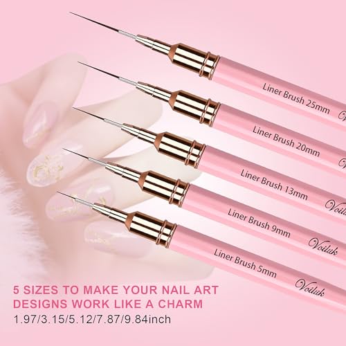 Voiluk 5Pcs Nail Art Liner Brush Set - Metal Handle Fine Detail Brushes