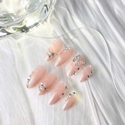 Nude Press on Nails Medium Almond 3D Butterfly Glitter Acrylic Fake Nails