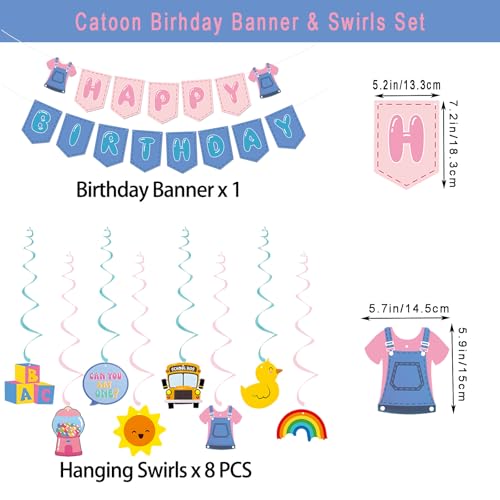 Cartoon Happy Birthday Banner and Hanging Swirls Party Decor Set