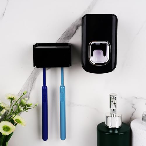 Black Acrylic Wall Mounted Toothbrush Holder & Toothpaste Dispenser - 2 Slots