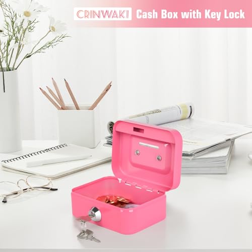 Crinwaki Mini Pink Steel Cash Box with Lock and Coin Slot - 4.5" Compact Safe