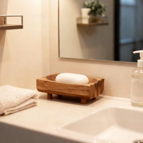 Teak Wood Soap Holder with Drain Holes - Handmade Rustic Dish