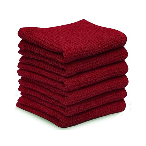 Red 6-Pack Classic Waffle Weave Cotton Kitchen Dish Cloths - Ultra Absorbent & Fast Drying