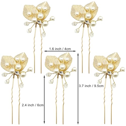 BETITETO Gold Pearl Wedding Hair Pins 5pcs - Crystal Leaf Bridal Hair Pieces