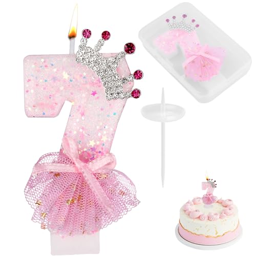 Pink Number 7 Birthday Candle with Glitter Crown and Bow Cake Topper