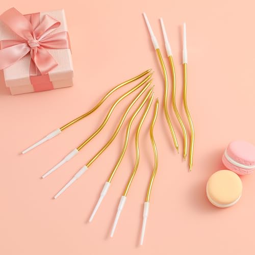Gold Spiral Birthday Candles - 12 Long Thin Metallic Cake Candles