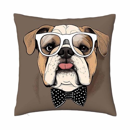 oFloral Bulldog in Glasses Throw Pillow Cover - 18x18 Inch Decorative Cushion