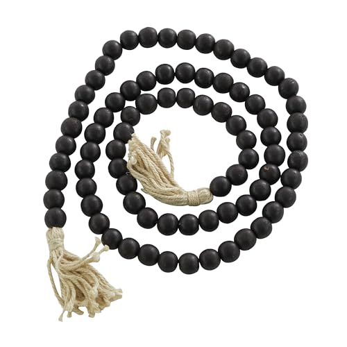 Deco 79 Mango Wood Handmade Round Long Carved Beaded Garland with Tassel, 80" x 1" x 1", Black