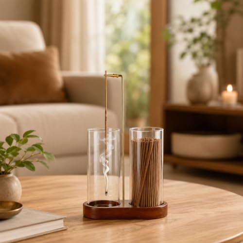 Wooden Incense Holder with Glass Bottles for Ash Collection