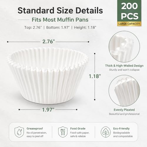 Non-Stick Cupcake Liners - Greaseproof Baking Muffin Cups (200 Pack)