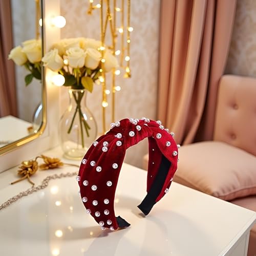 Red Knotted Headband with Pearls and Gold Accents