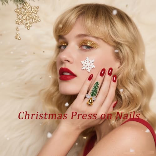 Christmas Press on Nails Medium Almond Fake Nails with Elk and Snowflake