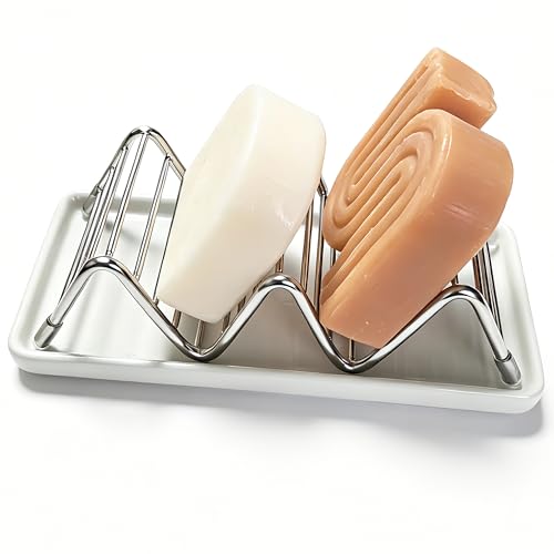 Lofekea Ceramic Soap Dish with Stainless Steel Holder - Space-Saving Design