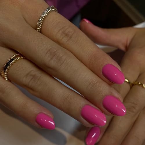 KXAMELIE Hot Pink Press on Nails Short Almond Gel False Nails 24Pcs