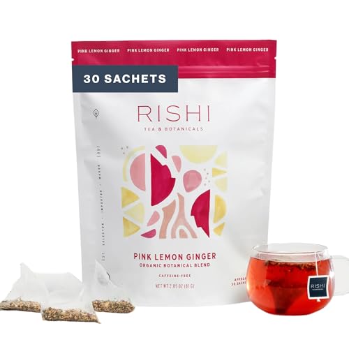 Rishi Tea Pink Lemon Ginger Herbal Tea, Organic Caffeine-Free, 30 Tea Bags