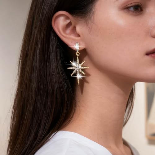Sttiafay Vintage Crystal Northstar Dangle Earrings Gold CZ Star Drop Earrings