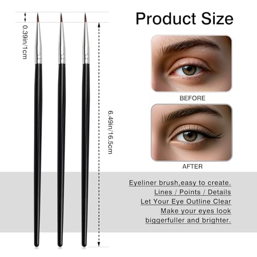 Zoolinn 3 Pcs Pointed Eyeliner Brush Set with Soft Fiber Bristles