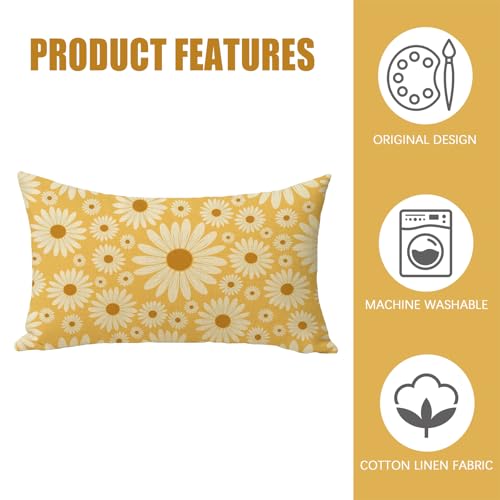 Fahrendom Daisy Flower Lumbar Pillow Cover 12x20 - Yellow Cotton Linen