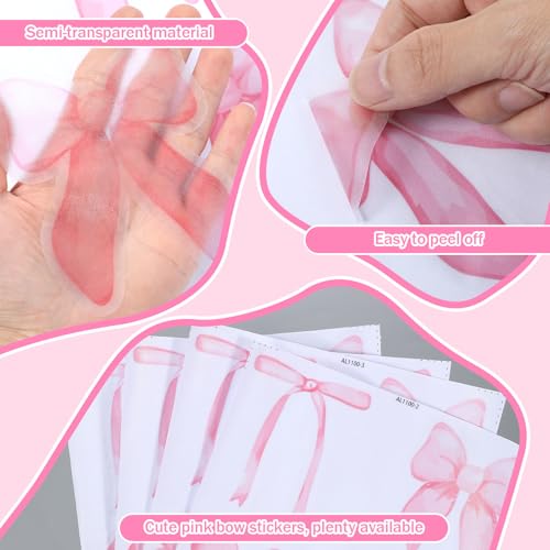 56 Pcs Pink Bow Wall Stickers - Watercolor Aesthetic Decor