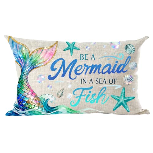 Mermaid Tail Lumbar Throw Pillow Cover, Nautical Beach Decor 12x20 In