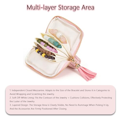 Light Pink Travel Jewelry Case with Tassel Zipper & 6 Layers