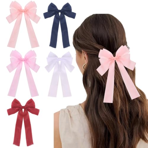 GAFATORY 5-Pack Extra Large Silk Hair Bow Clips for Women and Girls