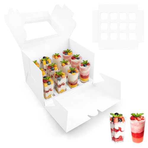 Hyzuxmal 4 Pack Dessert Shooter Boxes with Window & Insert - 3oz Square & Round Cup Carrier for Weddings & Events