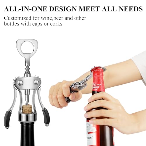 KORCCI Wing Corkscrew Wine Opener Set - Ash Silver with Stopper & Foil Cutter