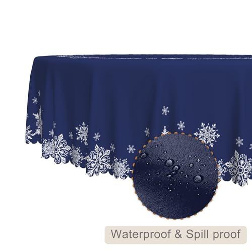 Christmas Round Tablecloth 60 Inch Navy Blue & White Snowflakes Waterproof Fabric