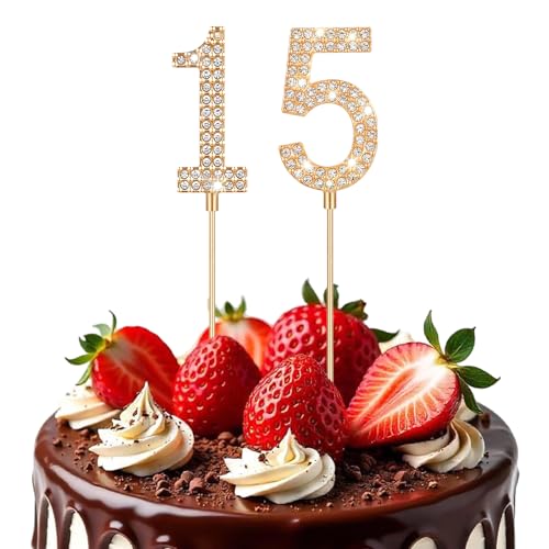 15th Birthday Cake Topper with Rhinestones - Elegant Gold Decoration